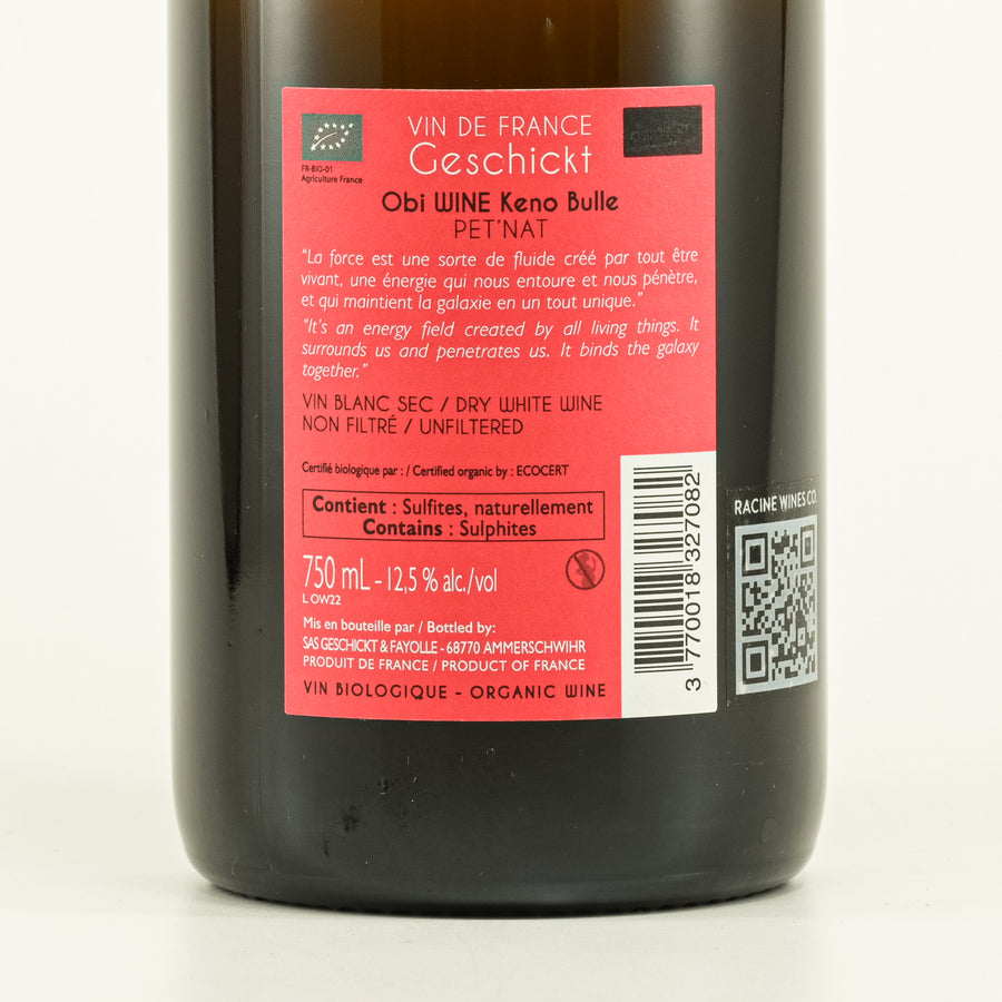 Close-up of Obi Wine 2022 label - Pet Nat with Gewurztraminer - Sparkling natural wine from Alsace with aromatic touch.
